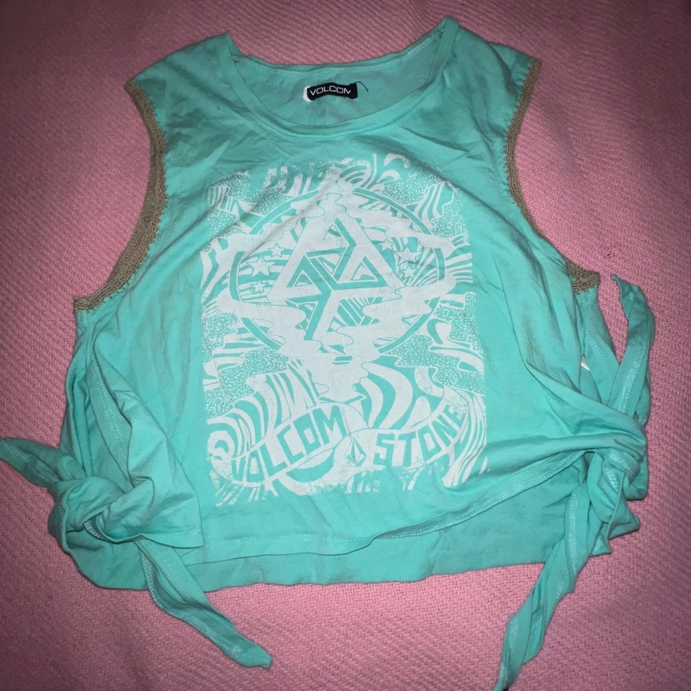 Volcom Stone‎ Womens Aqua Graphic Tie Side Muscle Tank Top Crochet Trim